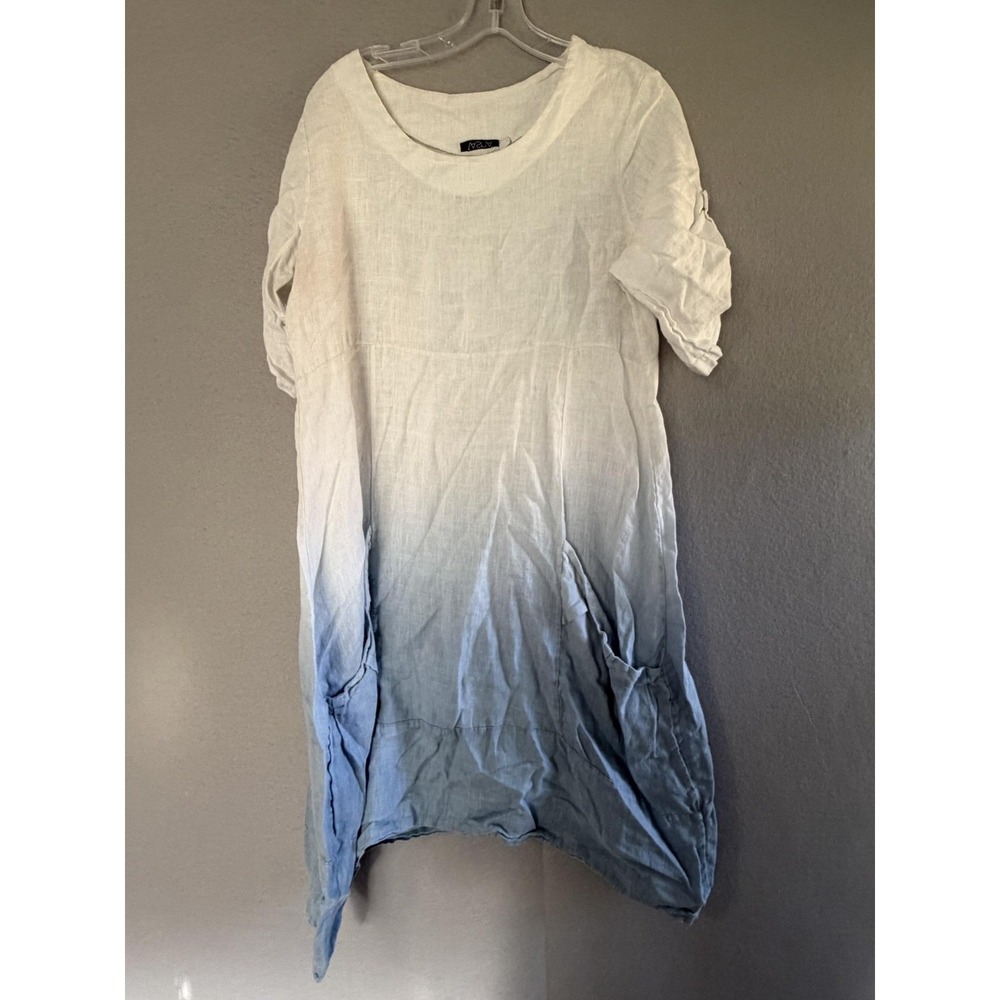 Vasna Dress Womens L Blue Linen Ombre Scoop Neck Midi Pockets Italy Trapeze